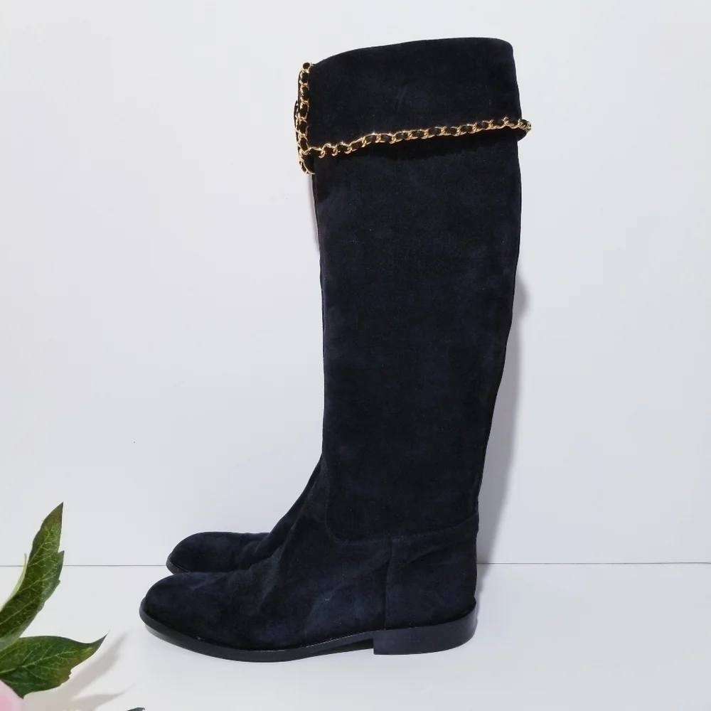 CHANEL Vintage Black Suede Leather & Signature Chain Tall Riding Boots 35